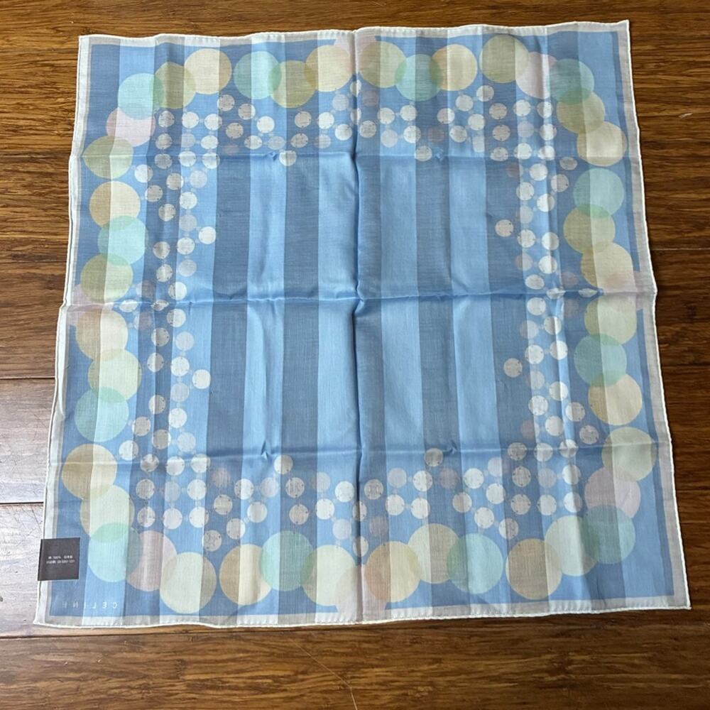 Celine Paris Cotton Handkerchief Scarf Blue Striped Pastel Circles 20” Square - Picture 2 of 6